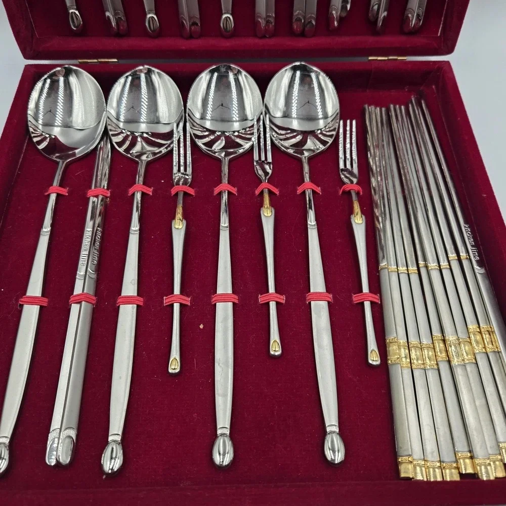 Kitchen Line Black Pearl 18/10‎ Stainless Spoons, Chop Sticks 31 Pc Set W/ Case
